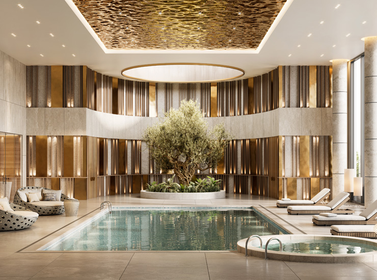 Exklusiver Spabereich mit Pool, Liegen und einem Baum am Ende. Goldwände und Decken